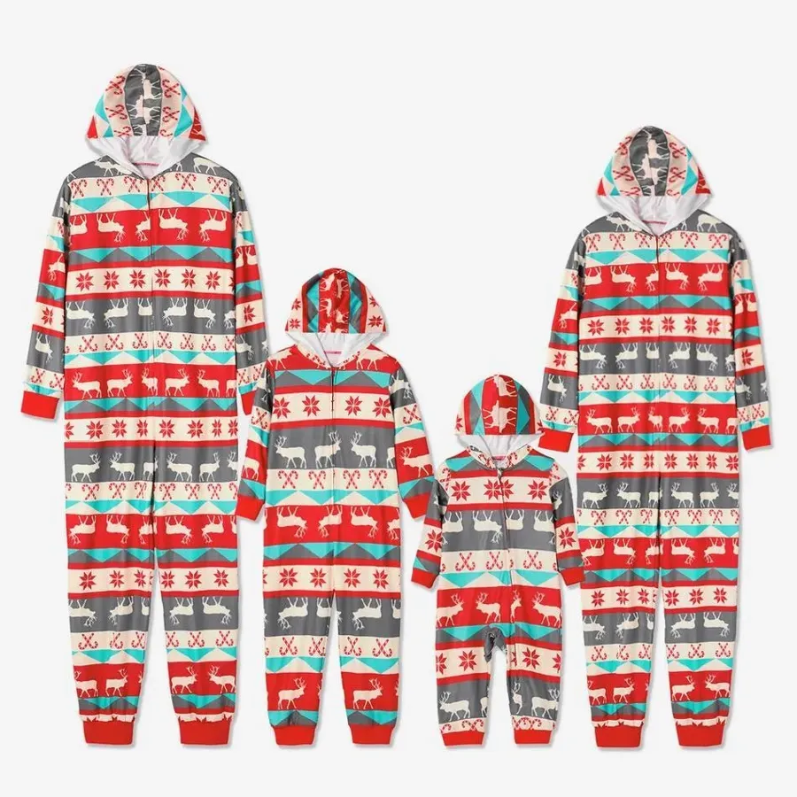 Christmas Reindeer and Snowflake Patterned Hooded Family Matching Onesie