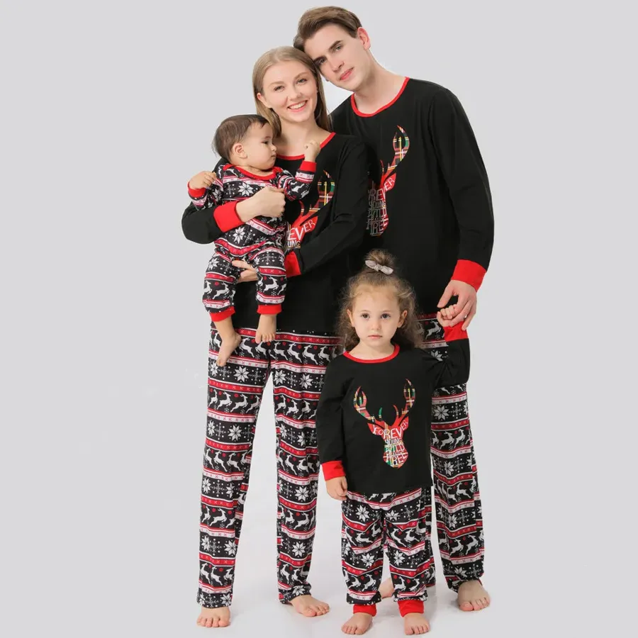 Christmas Deer Head Print Parent-child Pajamas Set