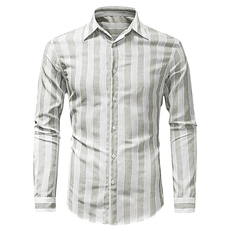 Men Casual Striped Turn Down Collar Long Sleeve Shirt