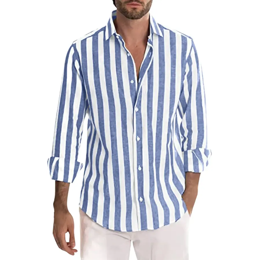 Men Casual Striped Turn Down Collar Long Sleeve Shirt