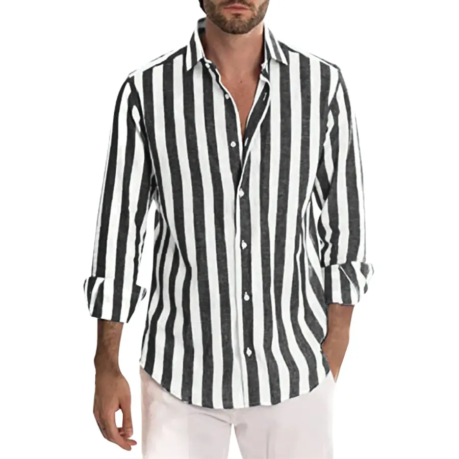 Men Casual Striped Turn Down Collar Long Sleeve Shirt