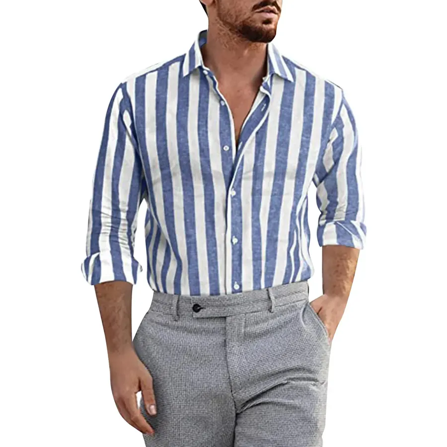 Men Casual Striped Turn Down Collar Long Sleeve Shirt