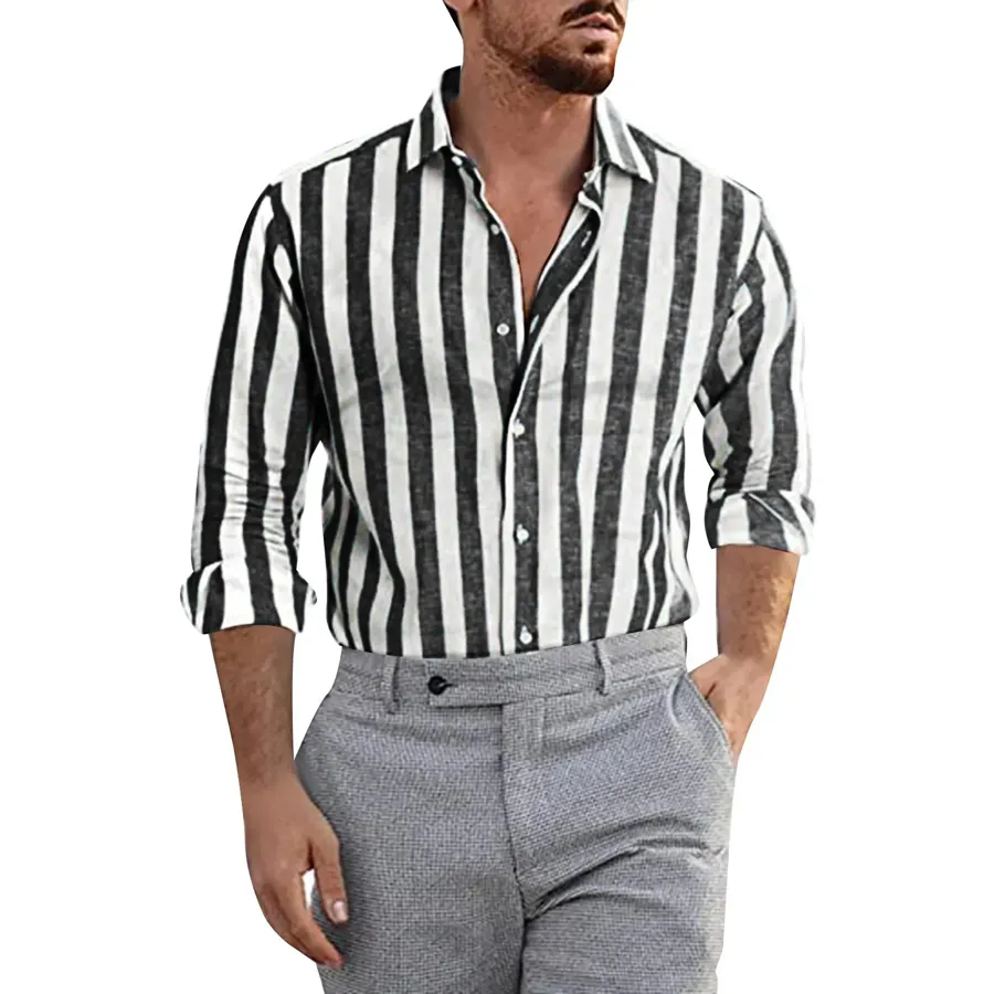 Men Casual Striped Turn Down Collar Long Sleeve Shirt