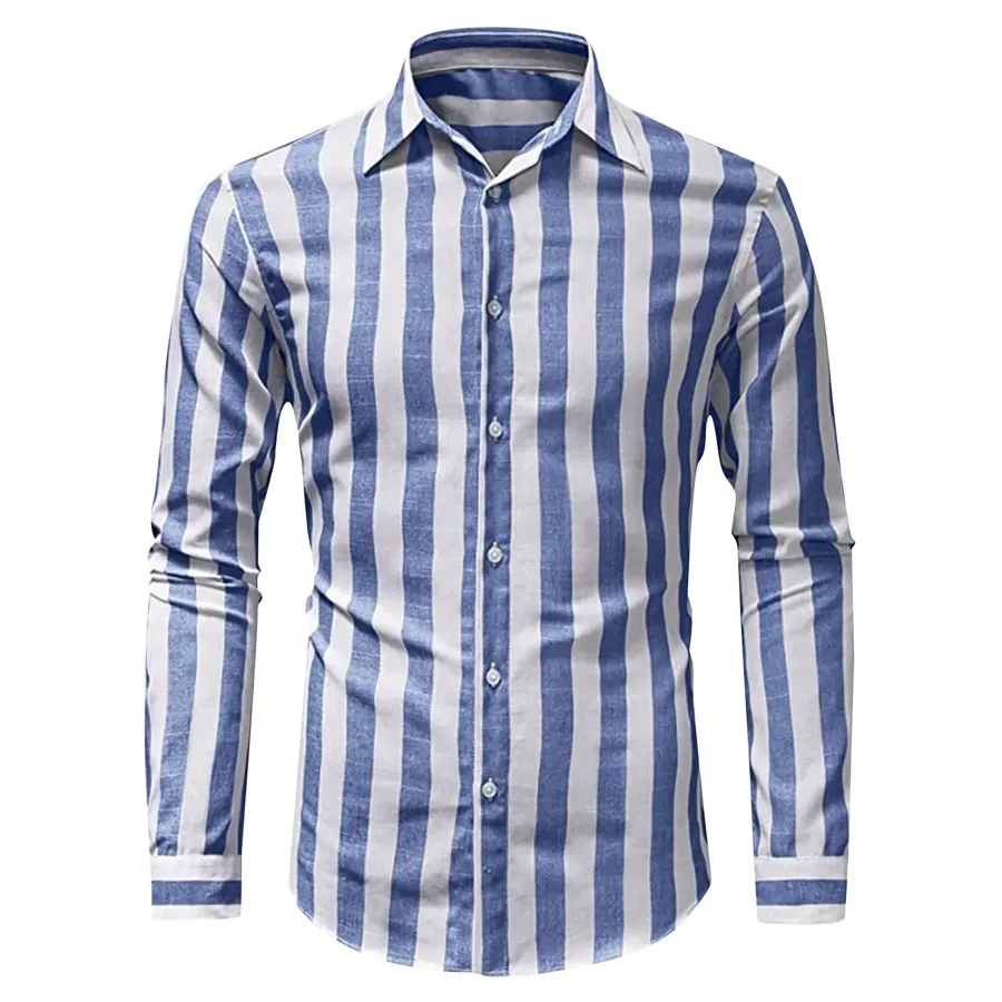 Men Casual Striped Turn Down Collar Long Sleeve Shirt