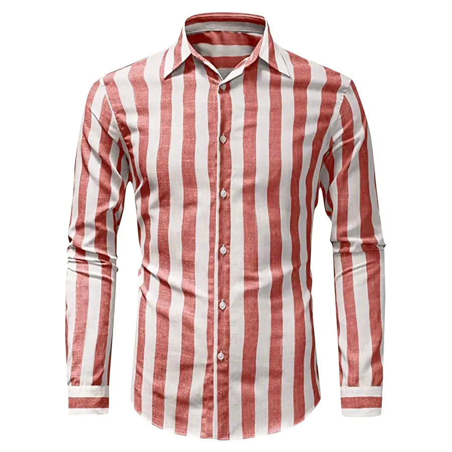 Men Casual Striped Turn Down Collar Long Sleeve Shirt