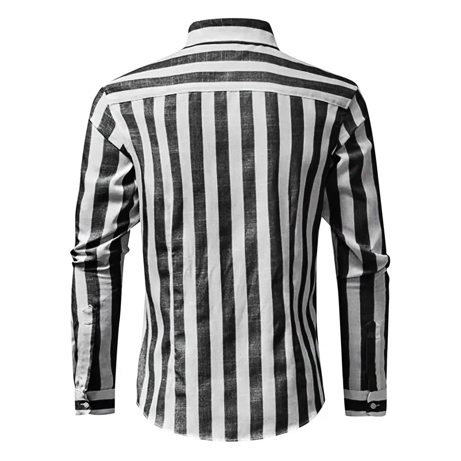 Men Casual Striped Turn Down Collar Long Sleeve Shirt