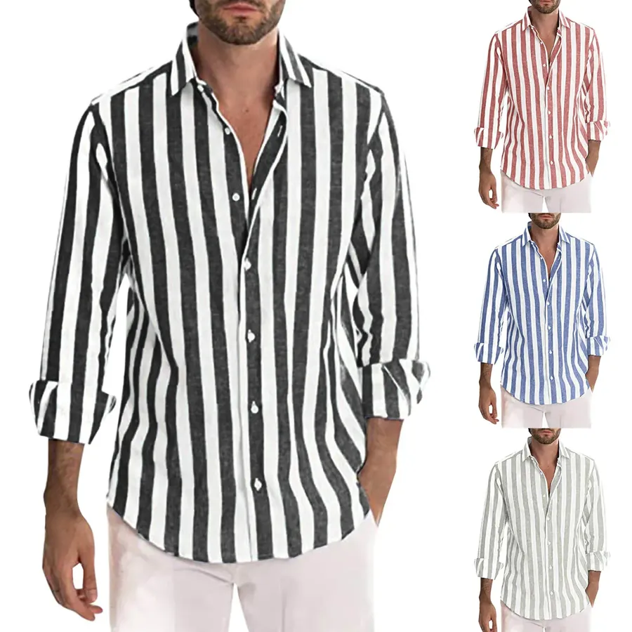 Men Casual Striped Turn Down Collar Long Sleeve Shirt