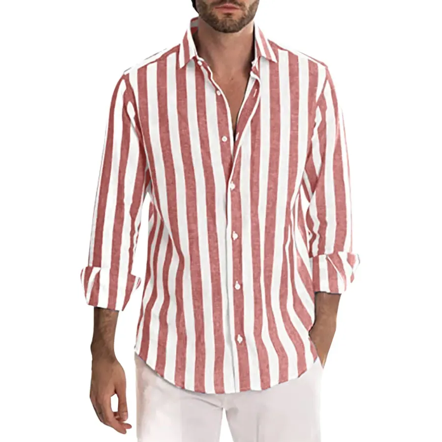 Men Casual Striped Turn Down Collar Long Sleeve Shirt