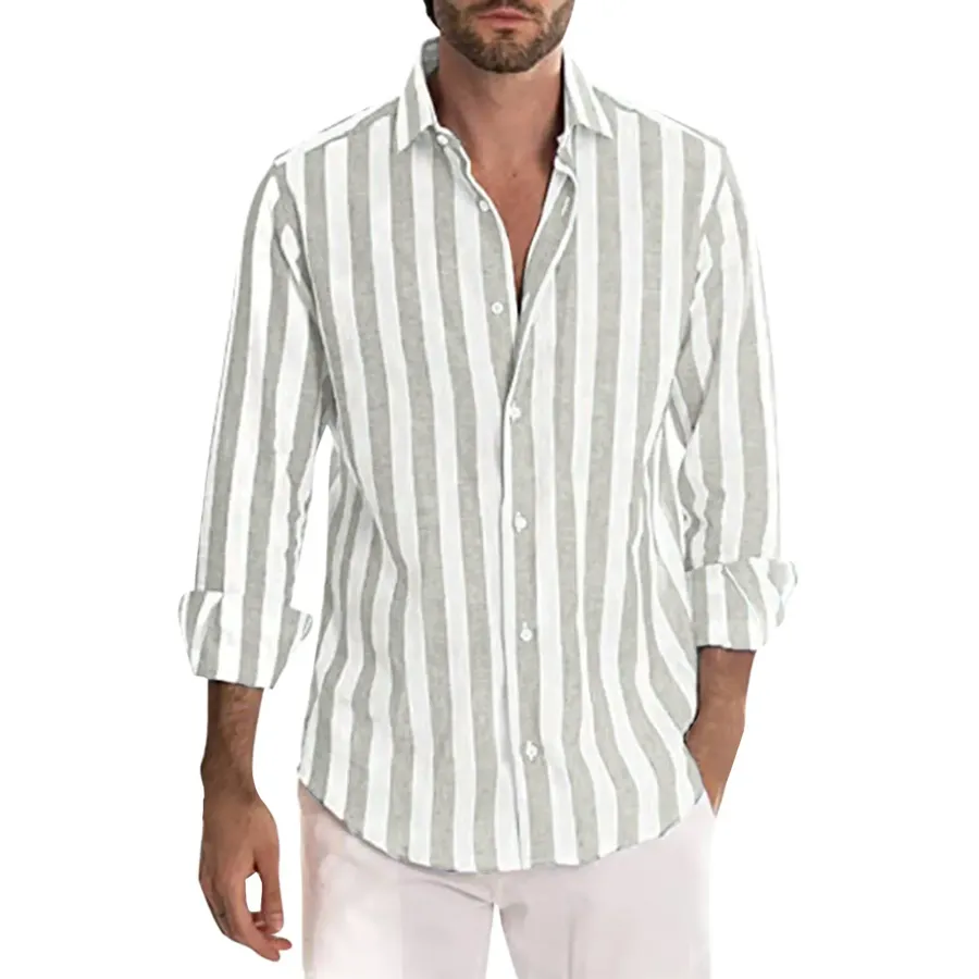 Men Casual Striped Turn Down Collar Long Sleeve Shirt