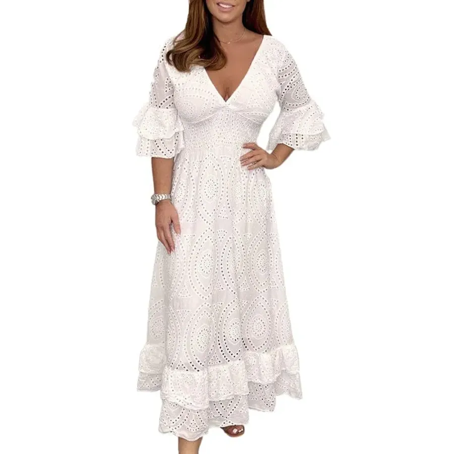 Embroidery Anglaise Frill Sleeve Midi Dress