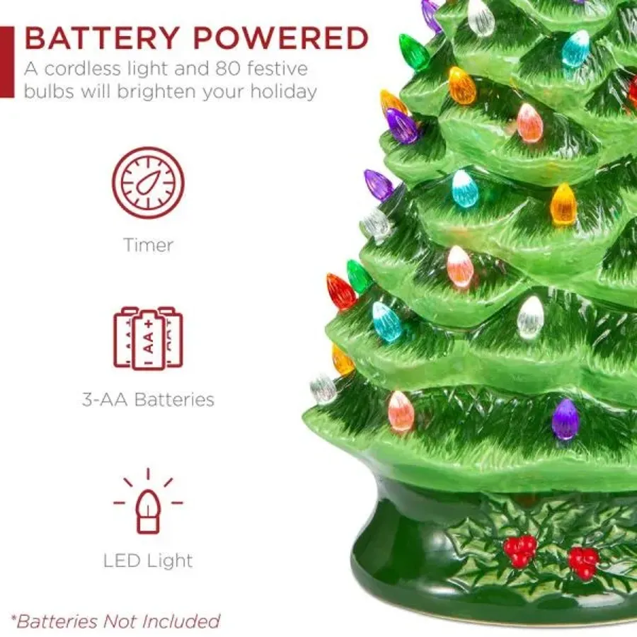 Christmas-lit Ceramic Christmas Tree Battery Powered w Led Light Timer