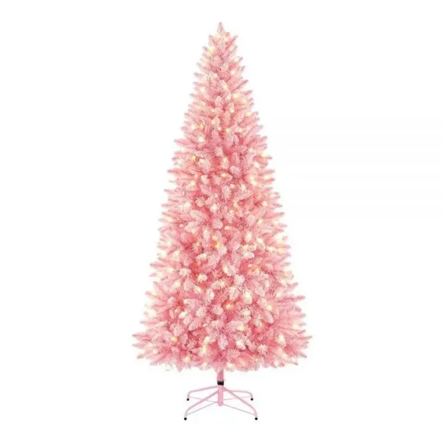 Christmas - 7 Ft Pre Lit Led Flocked Pink Artificial Christmas Tree