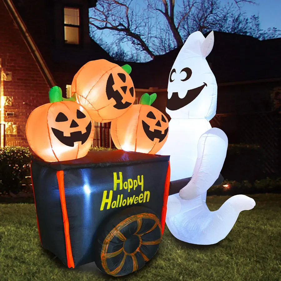 Halloween Large Ghost Pushing Pumpkin Cart Inflatable