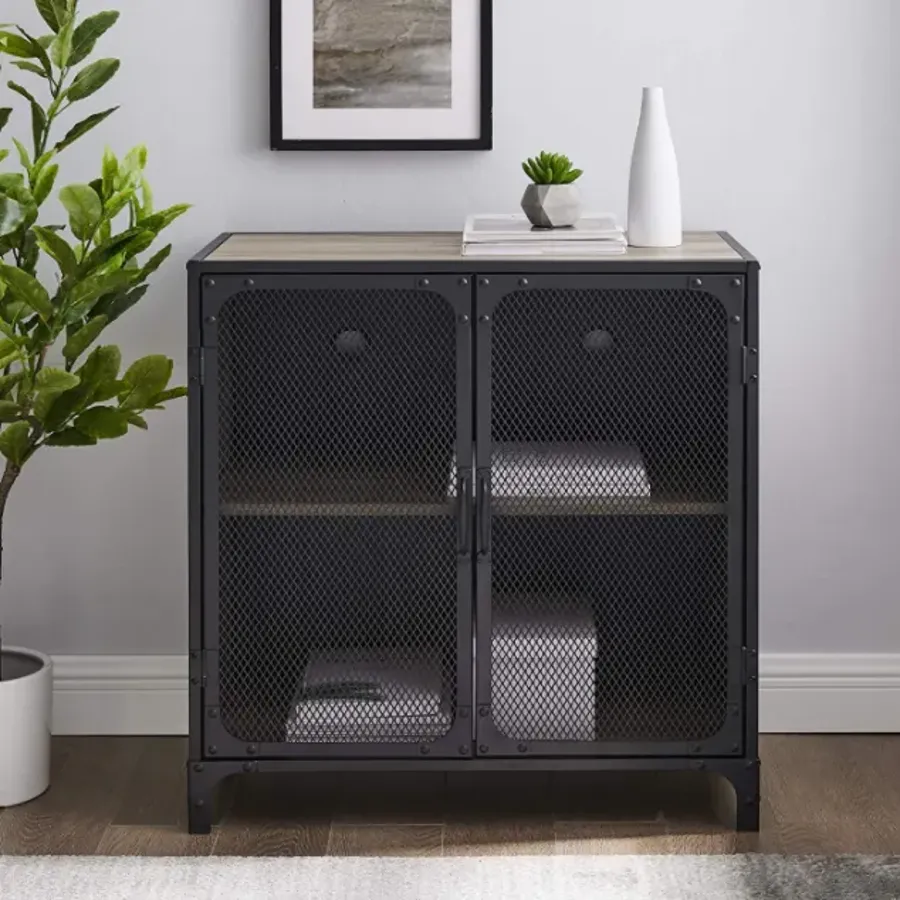 Industrial Metal Mesh Storage Cabinet - Grey Wash