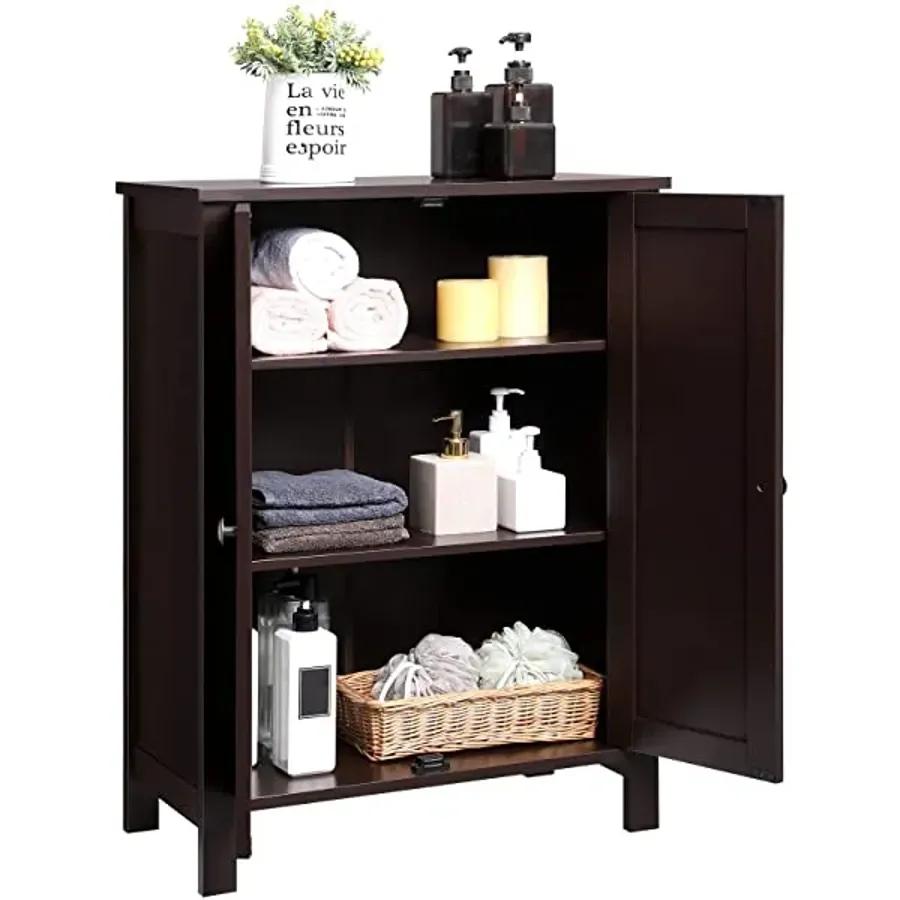 Bathroom Floor Storage Cabinet with Double Door Adjustable Shelf