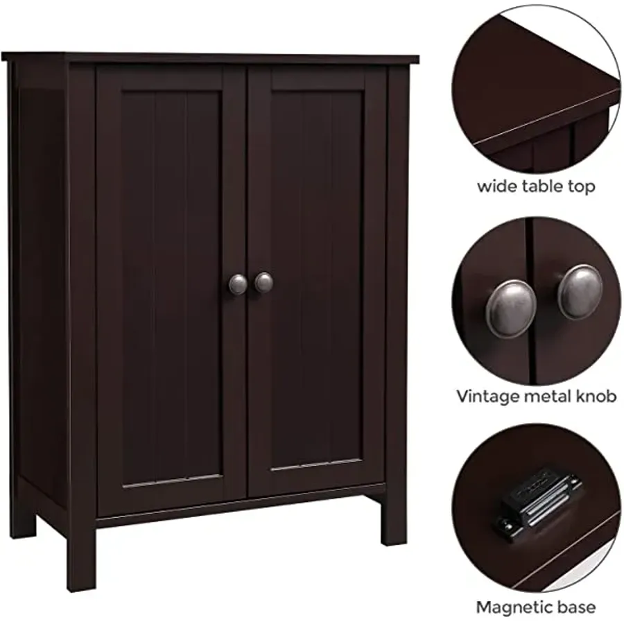 Bathroom Floor Storage Cabinet with Double Door Adjustable Shelf