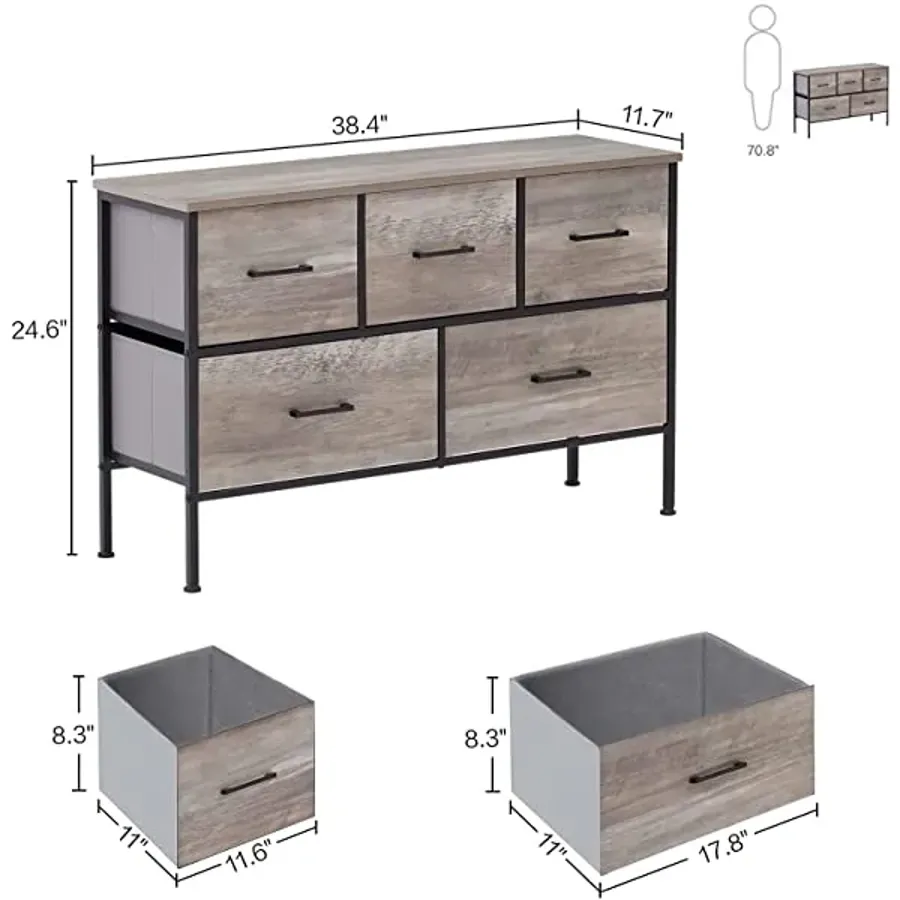 5 Drawer Dresser | Nightstand with Wood Top Rustic Storage - Grey