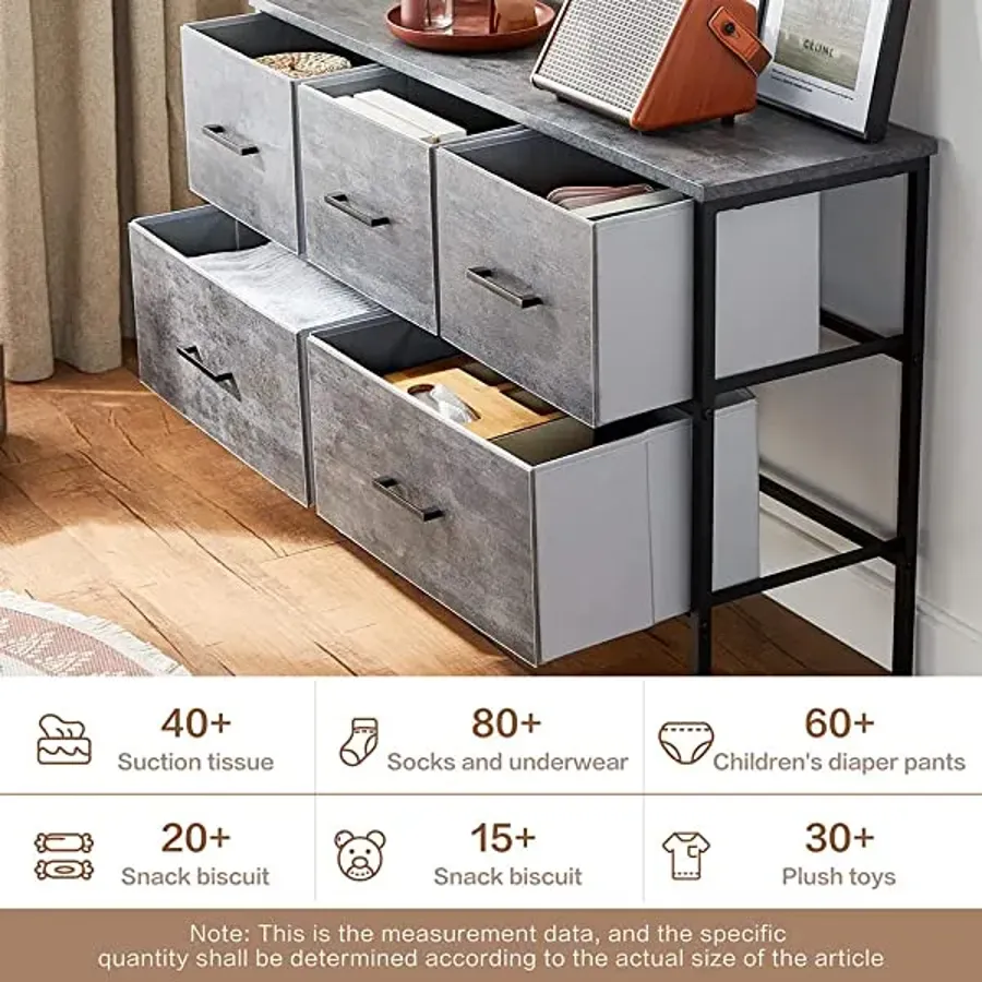 5 Drawer Dresser | Nightstand with Wood Top Rustic Storage - Grey