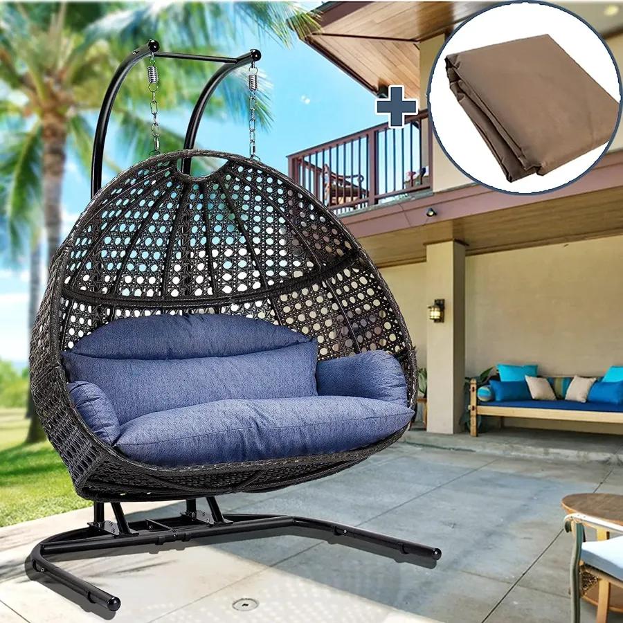 Wicker Rattan Egg Swing Chair with Stand and Cushion