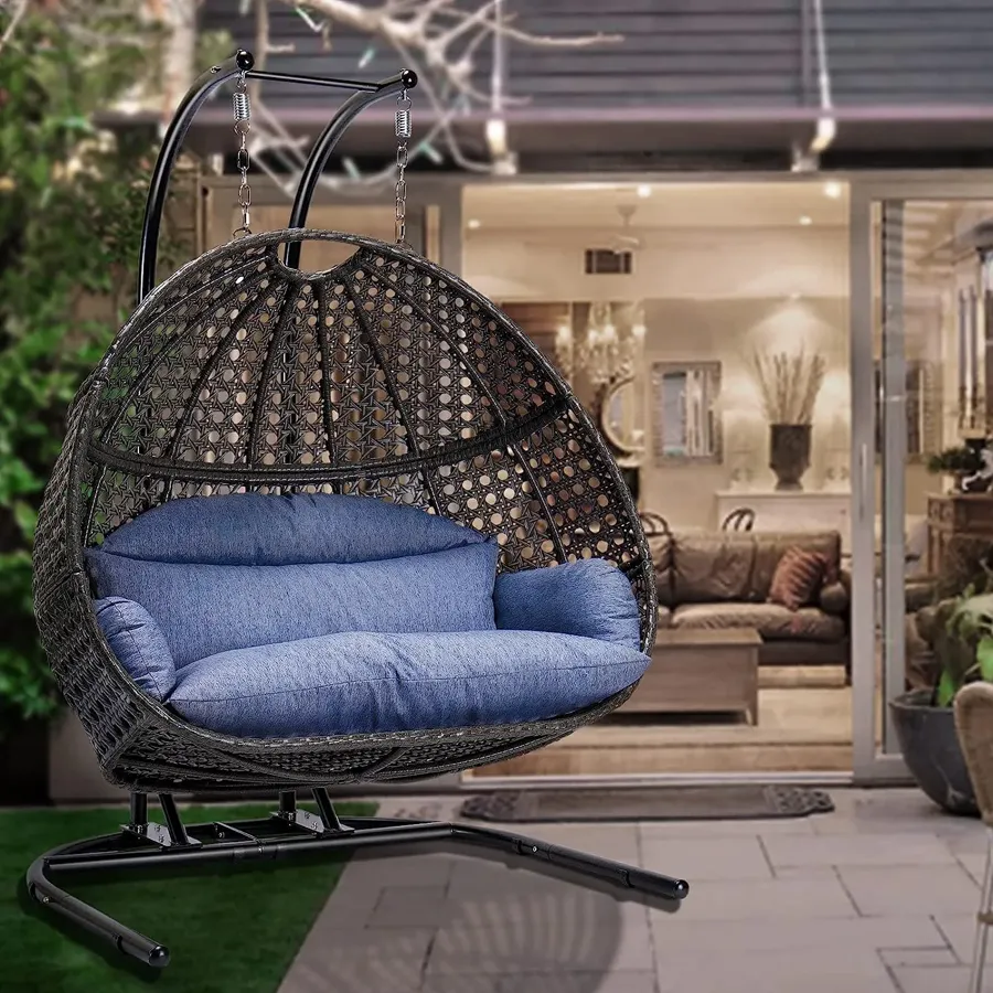 Wicker Rattan Egg Swing Chair with Stand and Cushion