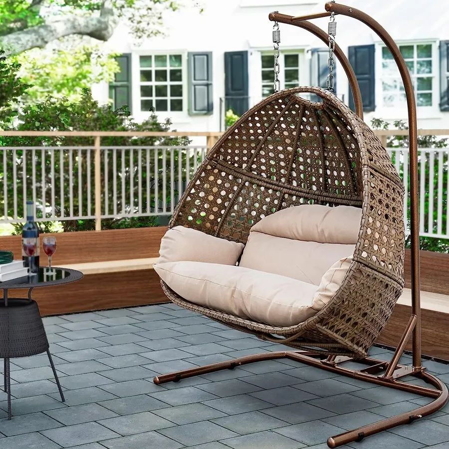 Wicker Rattan Egg Swing Chair with Stand and Cushion