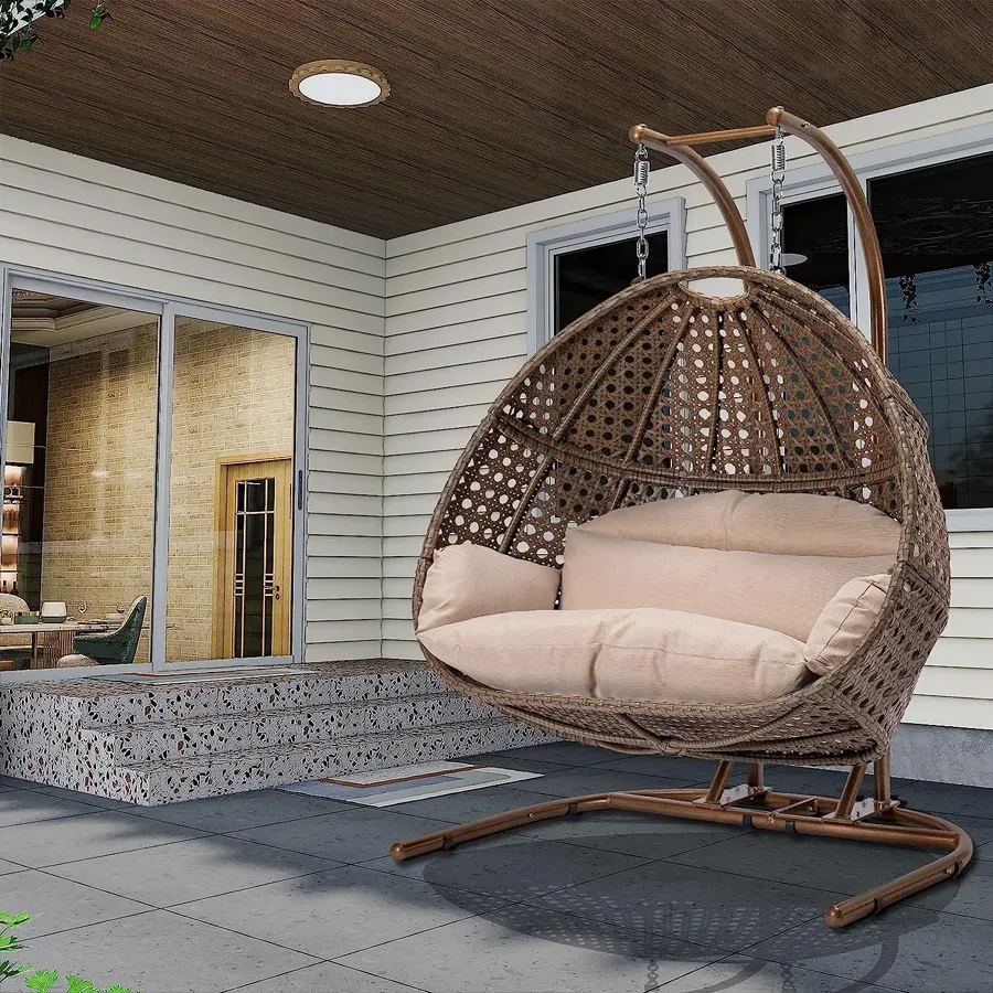 Wicker Rattan Egg Swing Chair with Stand and Cushion