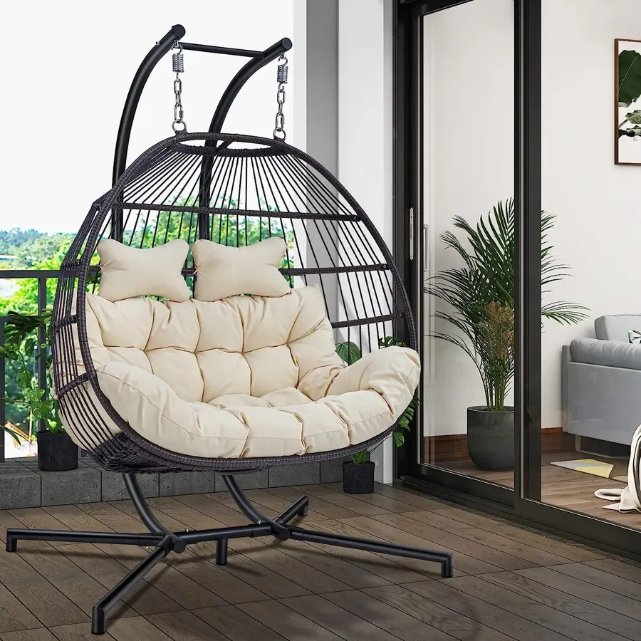 Wicker Rattan Egg Swing Chair with Stand and Cushion