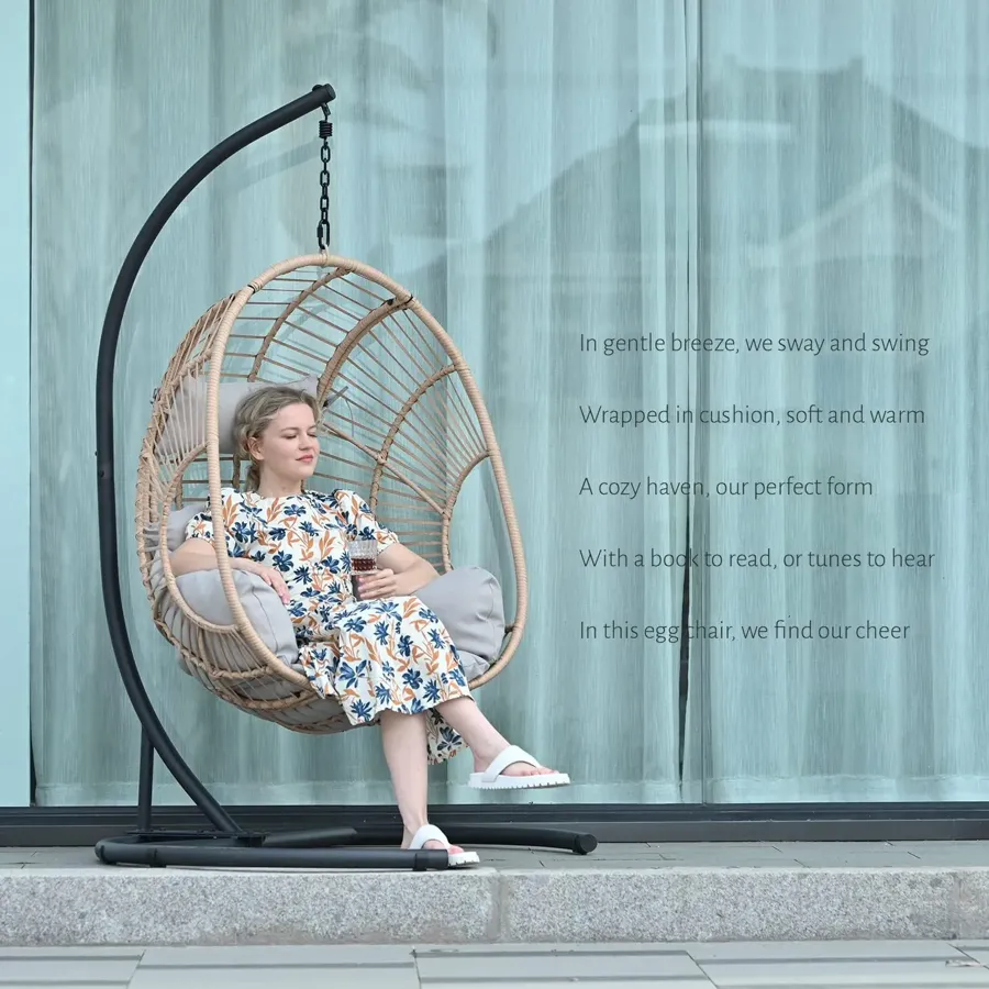 Wicker Rattan Egg Swing Chair with Stand and Cushion