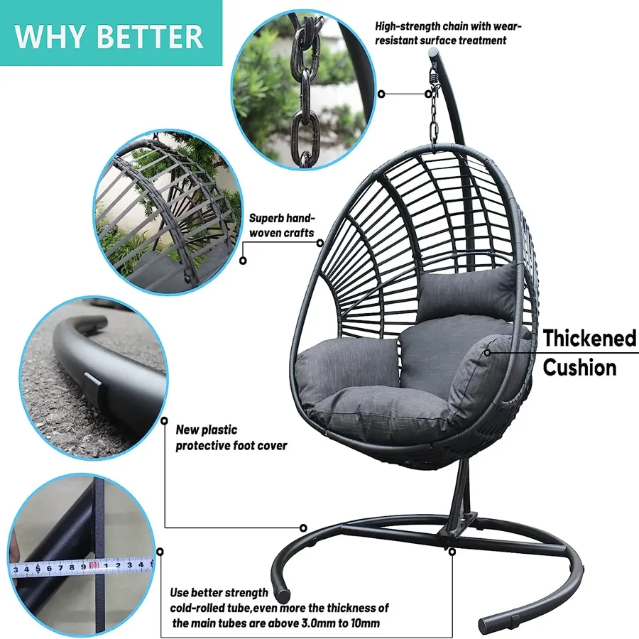 Wicker Rattan Egg Swing Chair with Stand and Cushion