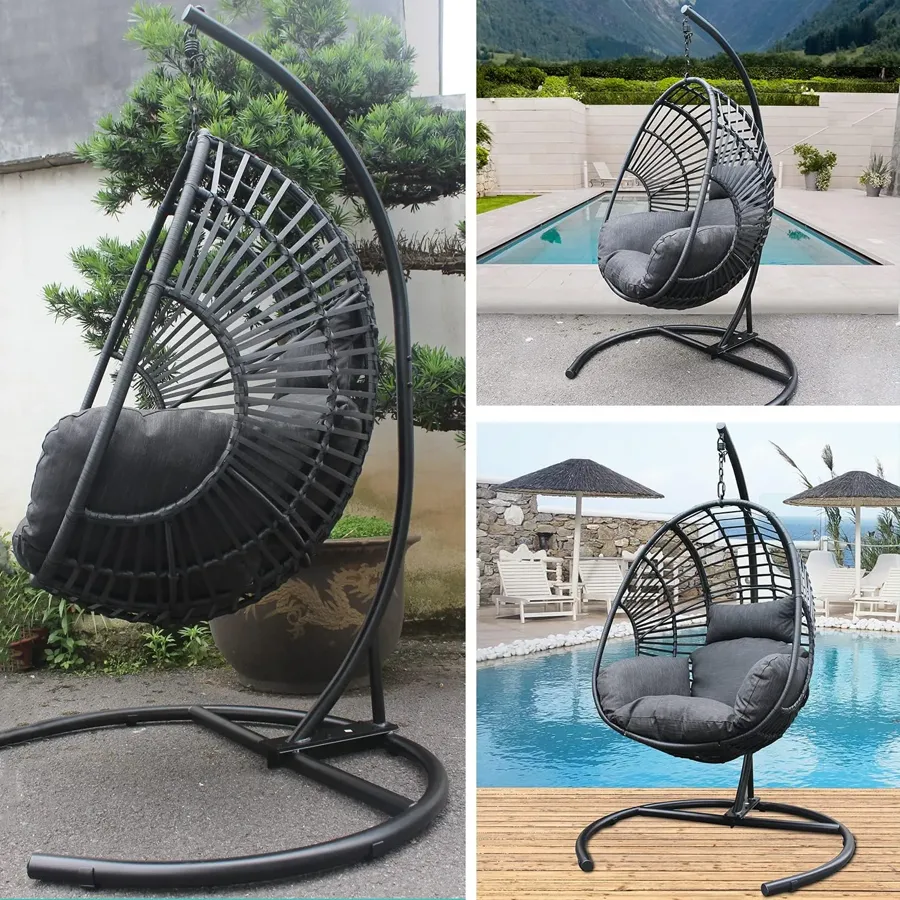 Wicker Rattan Egg Swing Chair with Stand and Cushion