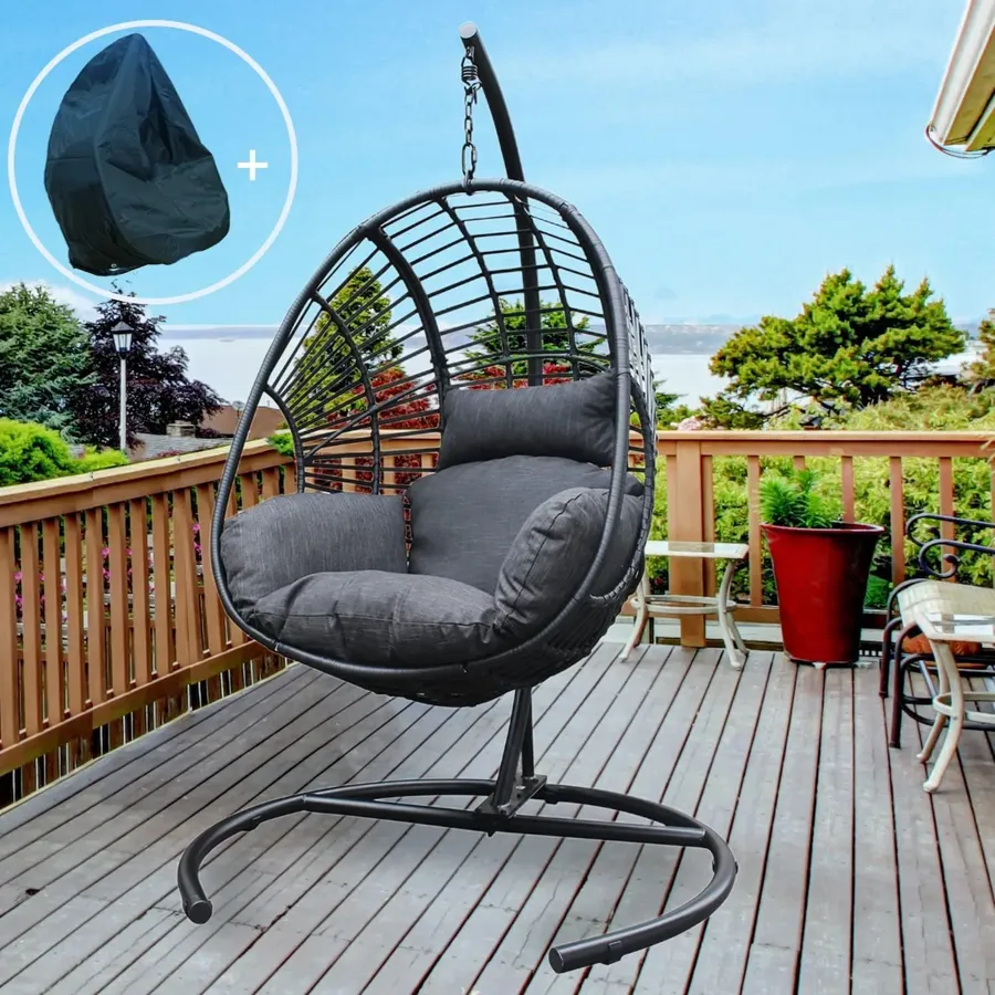 Wicker Rattan Egg Swing Chair with Stand and Cushion