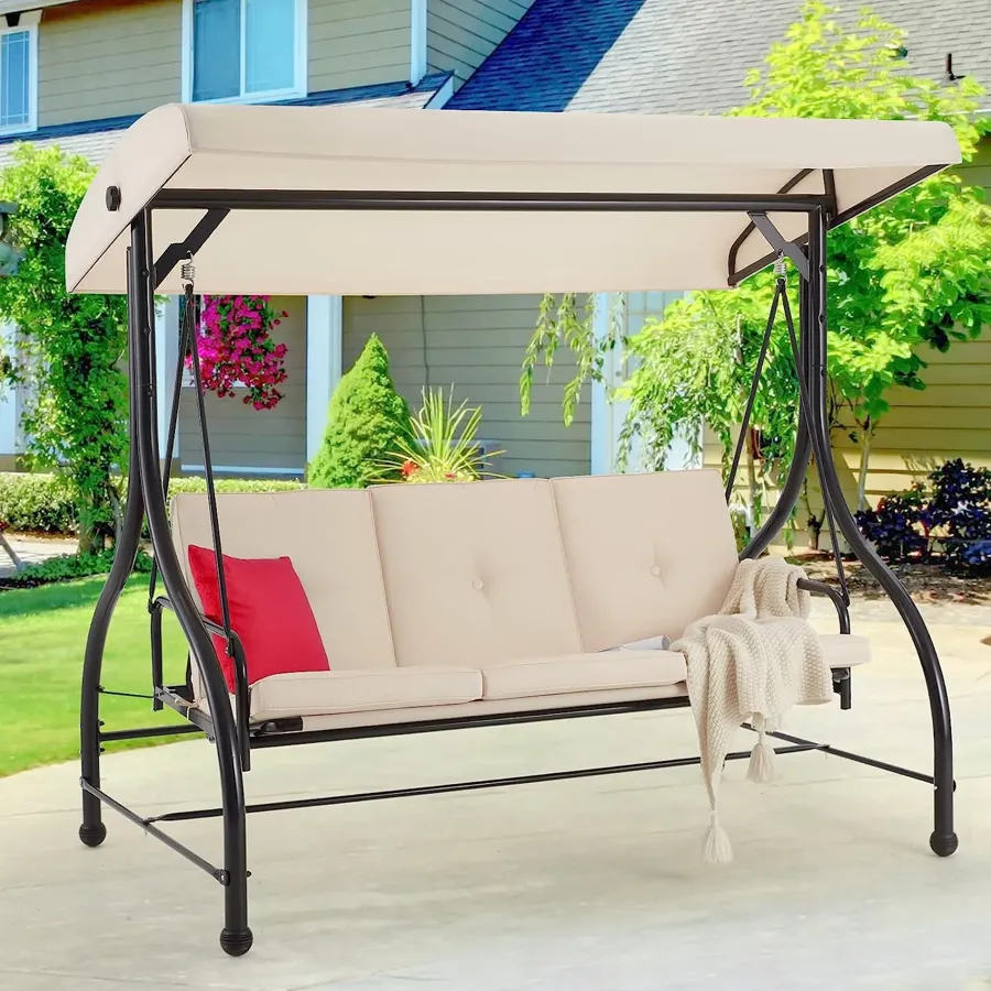 3-Seat Outdoor Porch Swing with Adjustable Backrest and Canopy