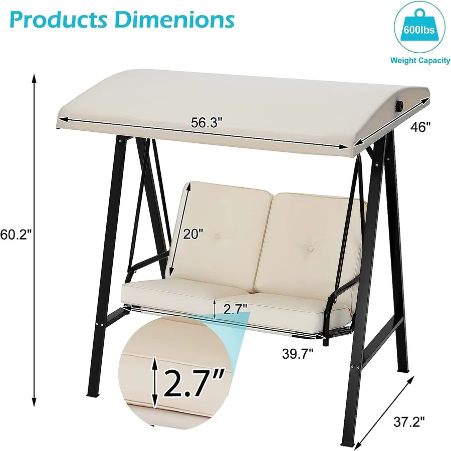 3-Seat Outdoor Porch Swing with Adjustable Backrest and Canopy