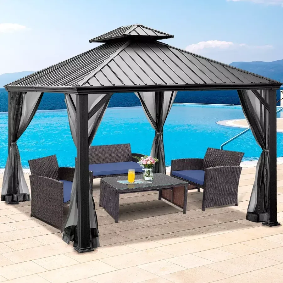 Hardtop Gazebo 2-tier Outdoor Galvanized Steel Canopy Grey