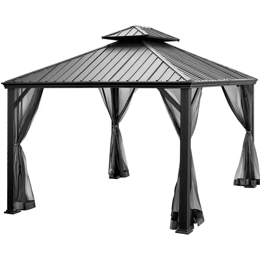 Hardtop Gazebo 2-tier Outdoor Galvanized Steel Canopy Grey