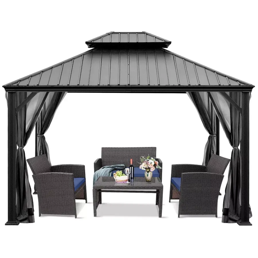 Hardtop Gazebo 2-tier Outdoor Galvanized Steel Canopy Grey