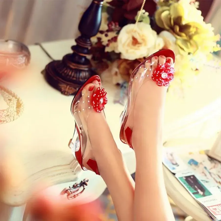 Studded Flower Design Transparent Sandals